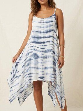 LA LEELA Blue and White Tie Dye Rayon Sharkbite Hem Cami Swim Cover Up Dress-XL